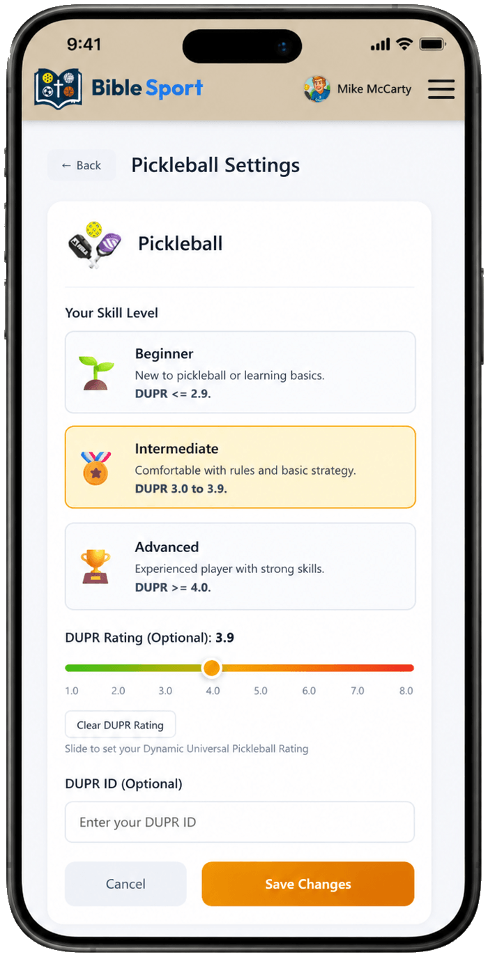 BibleSport Pickleball settings screen