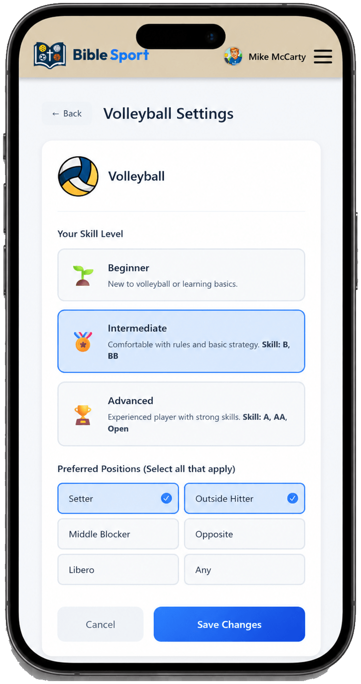 BibleSport Volleyball settings screen
